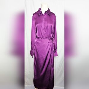 Ann Taylor Rich Purple Satin Shirt Dress Tie Waist Long Sleeve Size 8